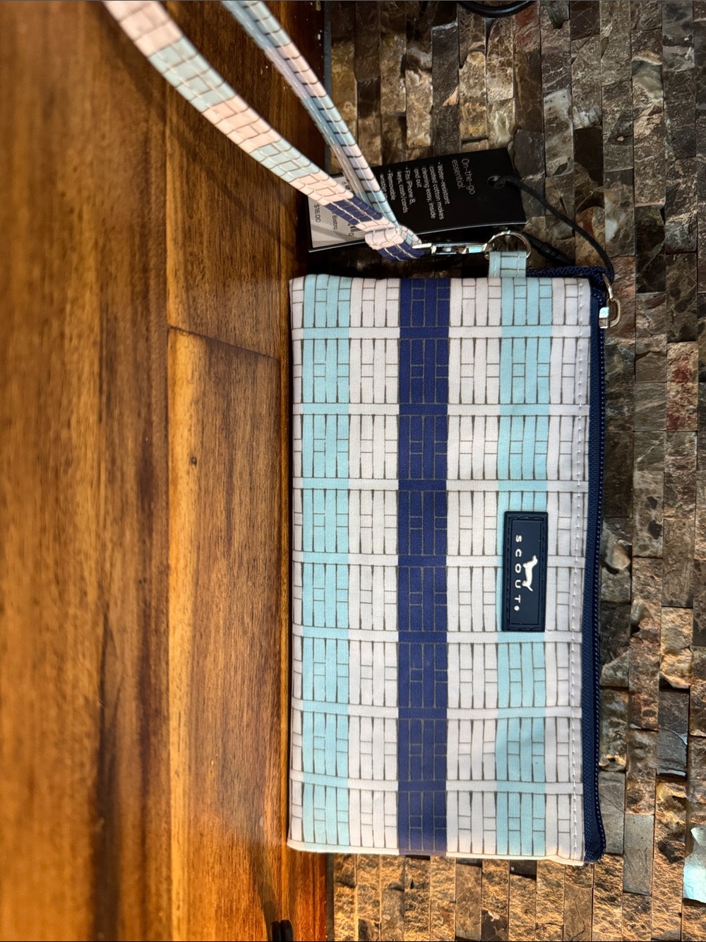 Scout Zip Wristlet in Navy, Light Blue & White Tile Pattern